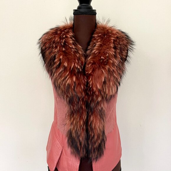NWOT Pink Leather Vest Real Fox Fur S size - Picture 2 of 16